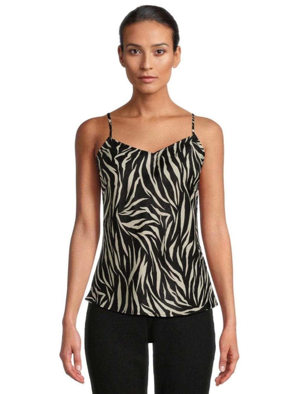 NWT Satin Cami with Adjustable Spaghetti Straps Zebra Print Small Black Ivory